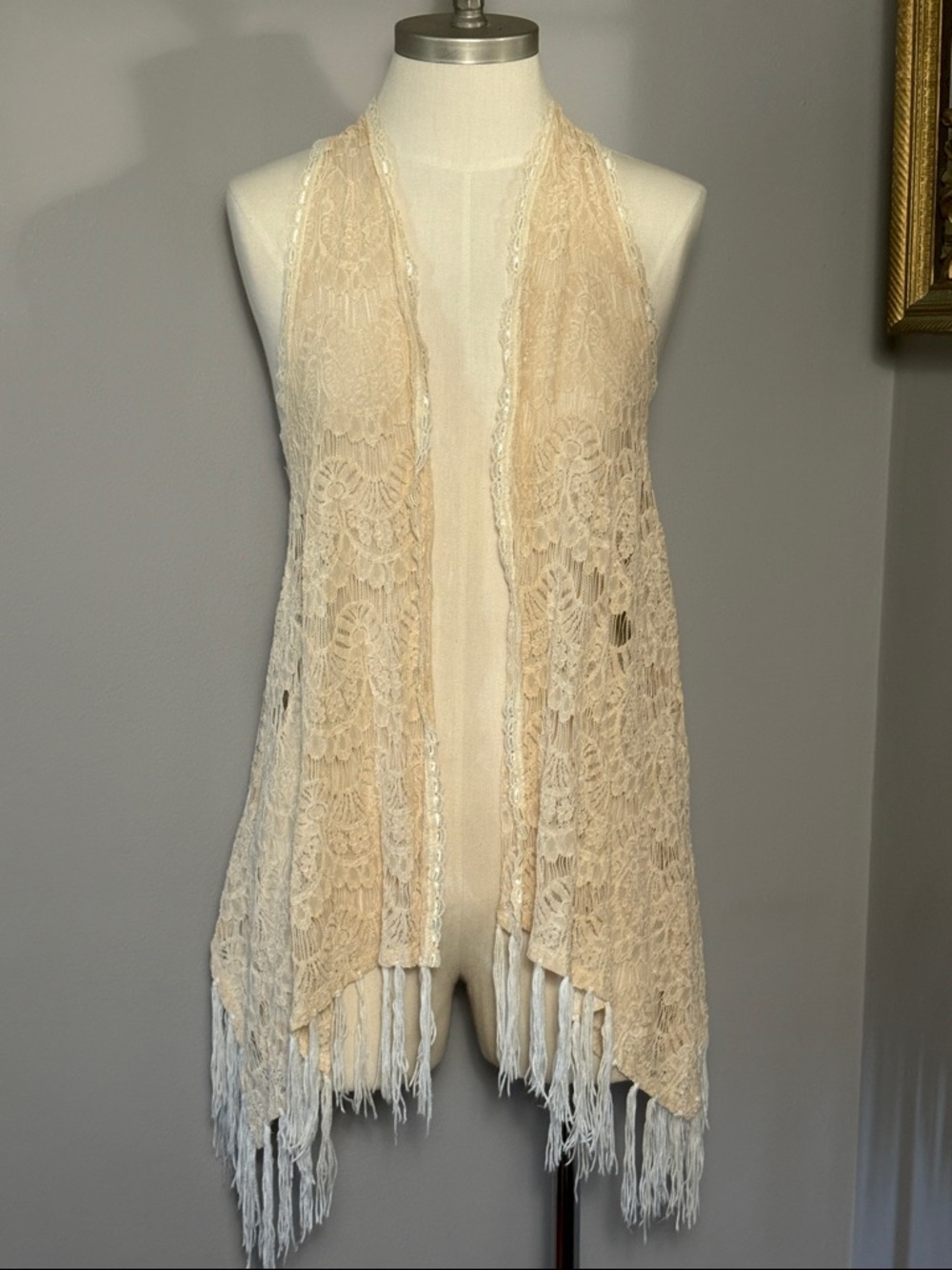 I Love S&S Inc Small Cream Boho Crochet Fringe Vest